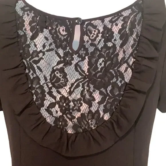 French Connection Dress Sz 6 Short Sleeve Lace Back Little Black Dress Ruffle - Picture 4 of 8